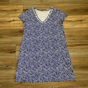Lilly Pulitzer Etta Easy Peasy Dress SZ Large V-Neck Pom Pom Corisca Blue